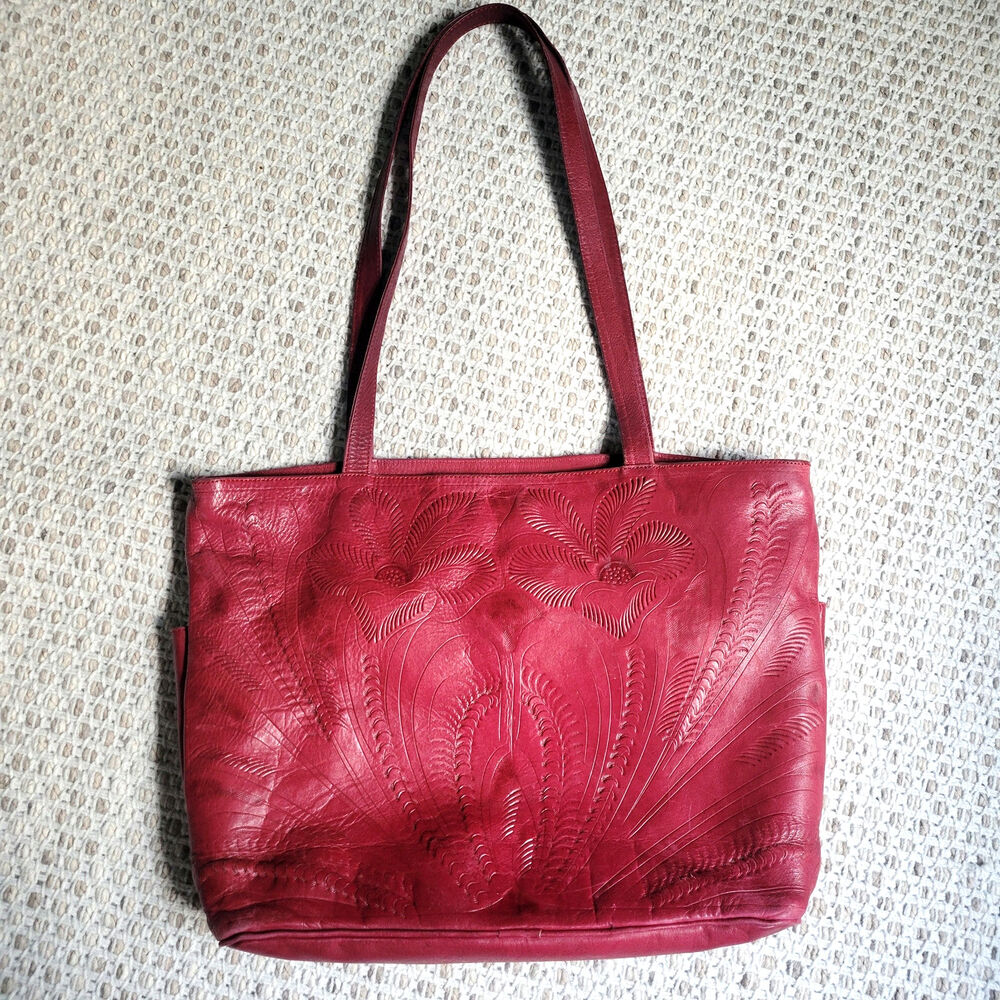 Leaders in Leather Red Leather Tote Bag Purse Floral Tooled Genuine Pocketed